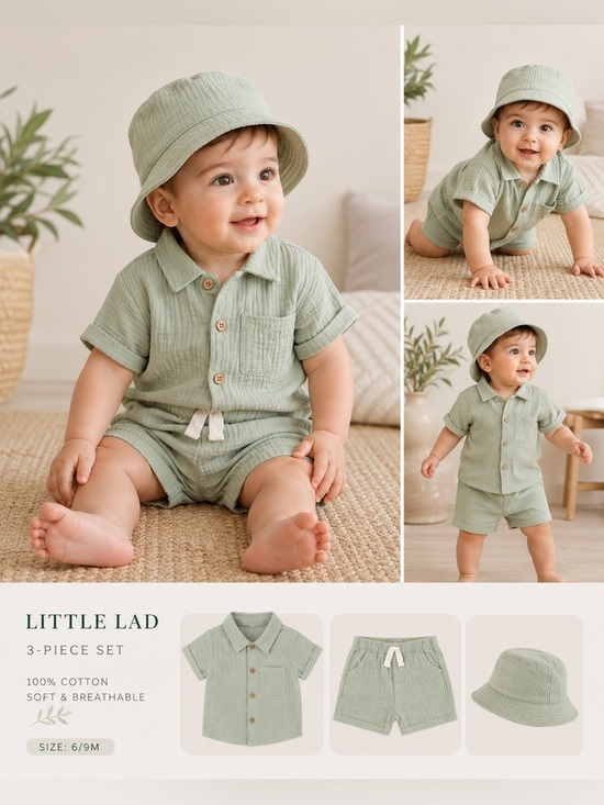 Little Lad Other - Little Lad 3 Piece Sage Green Cotton Set 6/9M NWOT